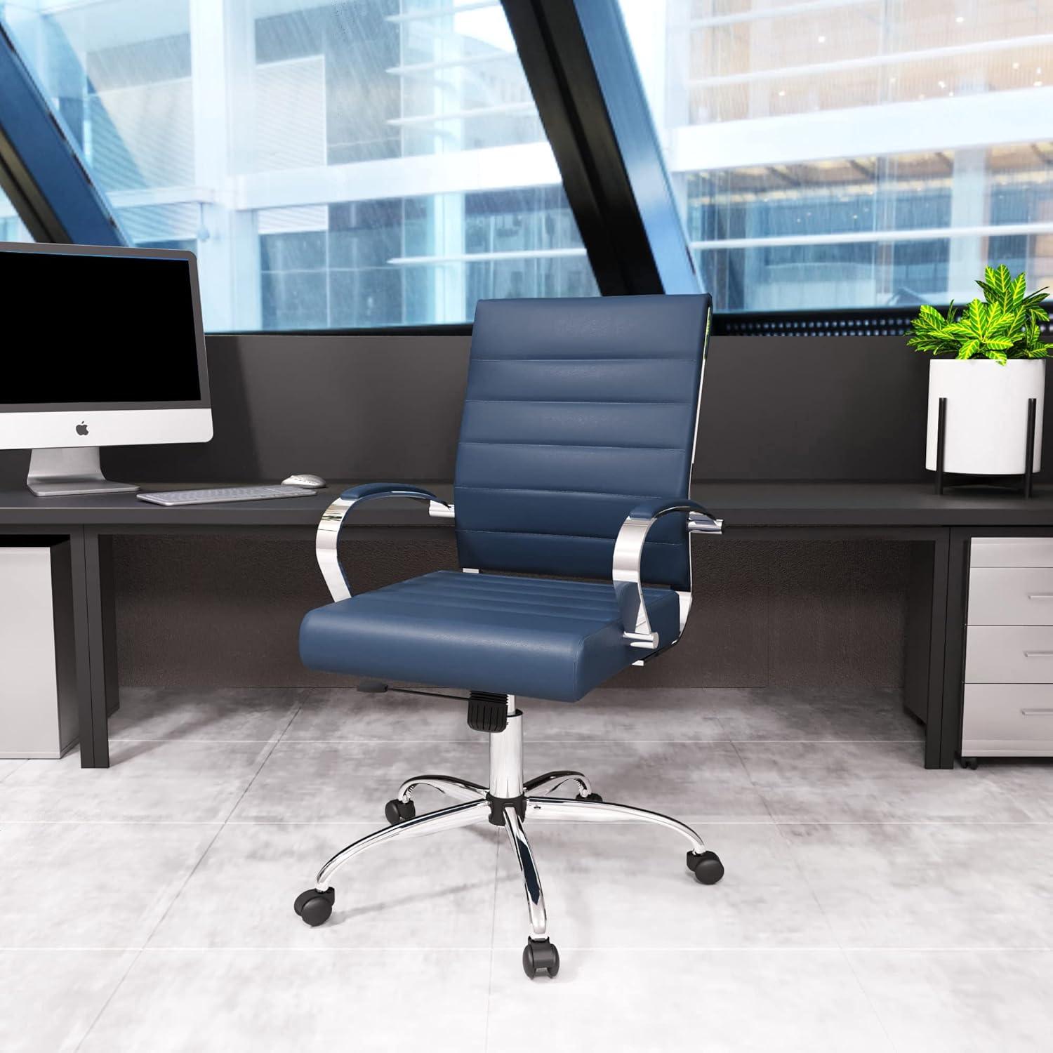 LeisureMod Benmar Mid-Back Office Conference Chair Upholstered in Leather with Swivel and Tilt in Navy Blue