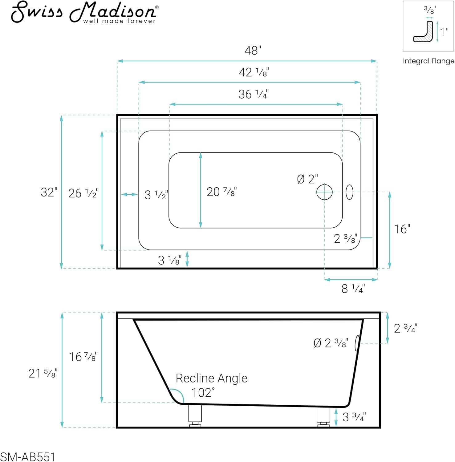Voltaire 48" x 32" Alcove Bathtub with Apron
