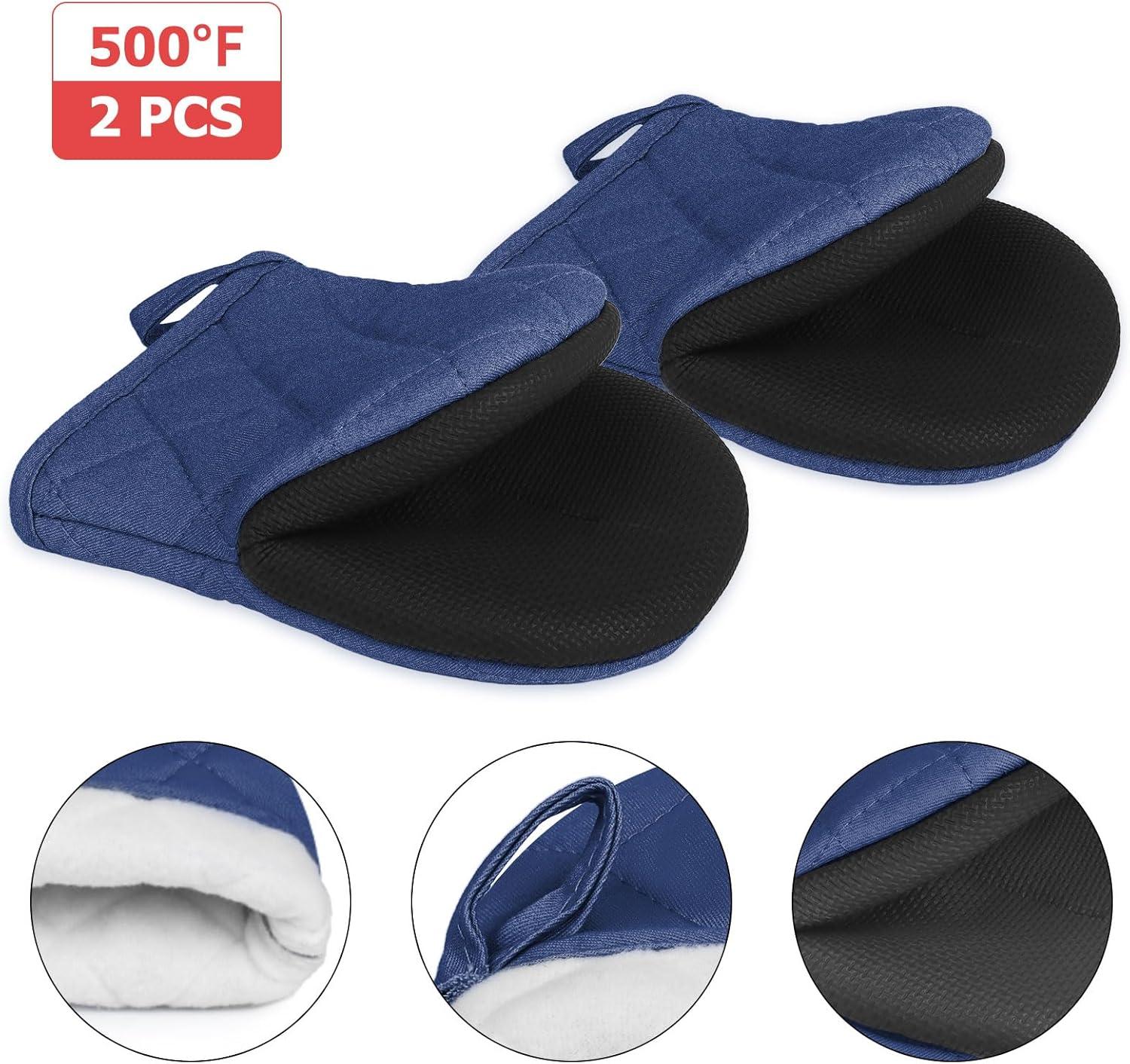 1 Pair Short Oven Mitts, Heat Resistant Silicone Kitchen Mini Oven Mitts for 500 Degrees, Non-Slip Grip Surfaces and Hanging Loop Gloves, Baking Grilling Barbecue Microwave Machine Washable C42