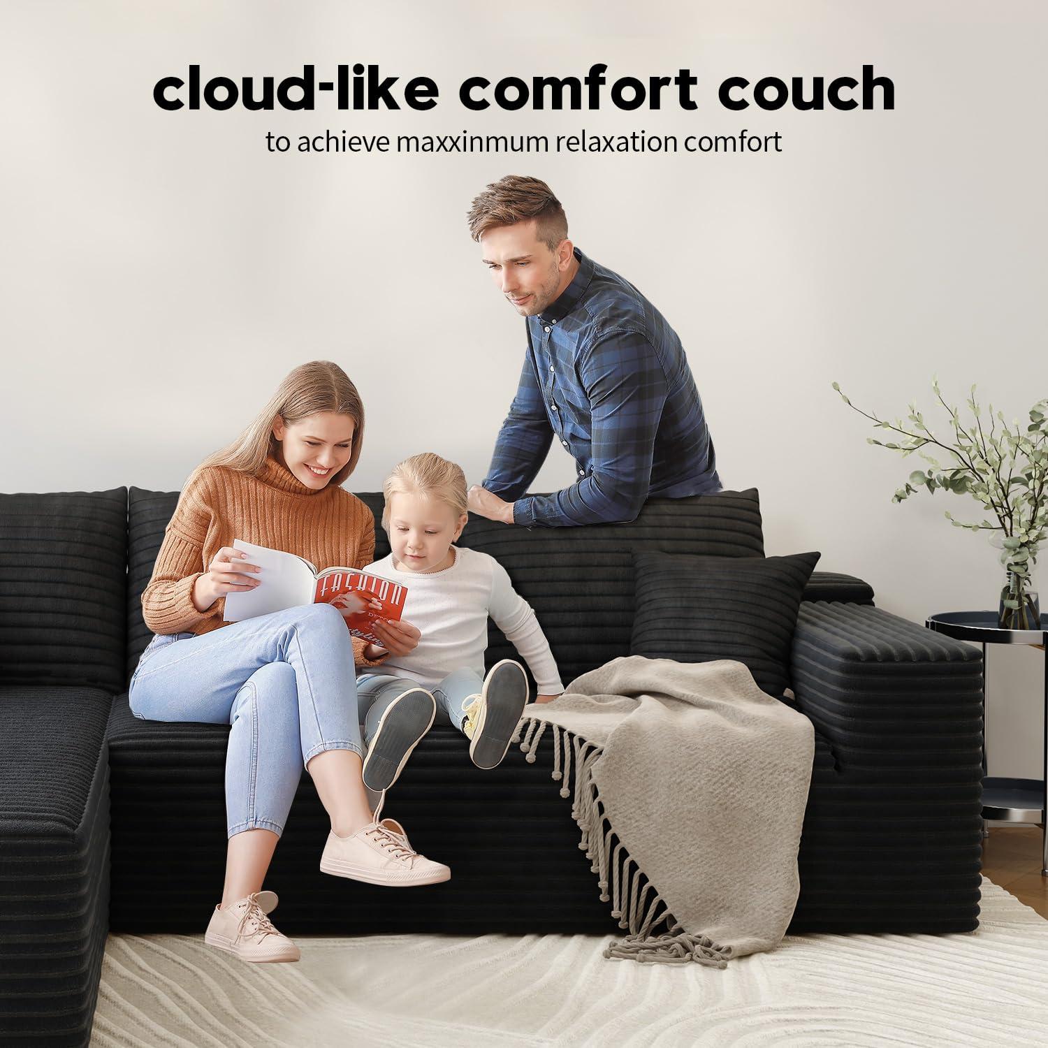 107.5" Cloud Modular Sectional Sofa Couch with L-Shape Chaise,Modern Minimalist Upholstered Couches for Living Room Bedroom,Deep Seat Corner Couch，No Assembly Required (Black,Left Facing Chaise)