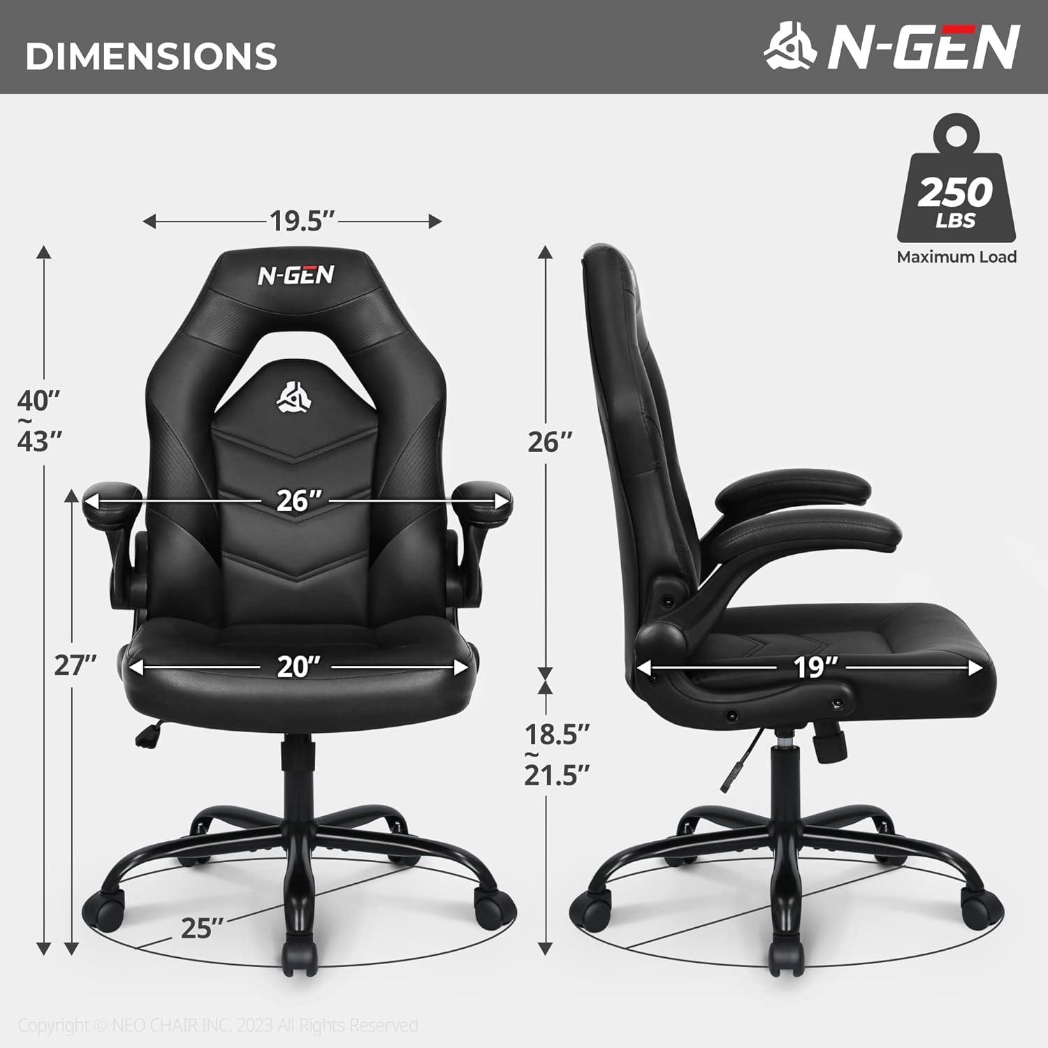 Neo Chair N-GEN Adjustable Ergonomic Faux Leather Swiveling PC & Racing Game Office Desk Chair with Flip-Up Arms