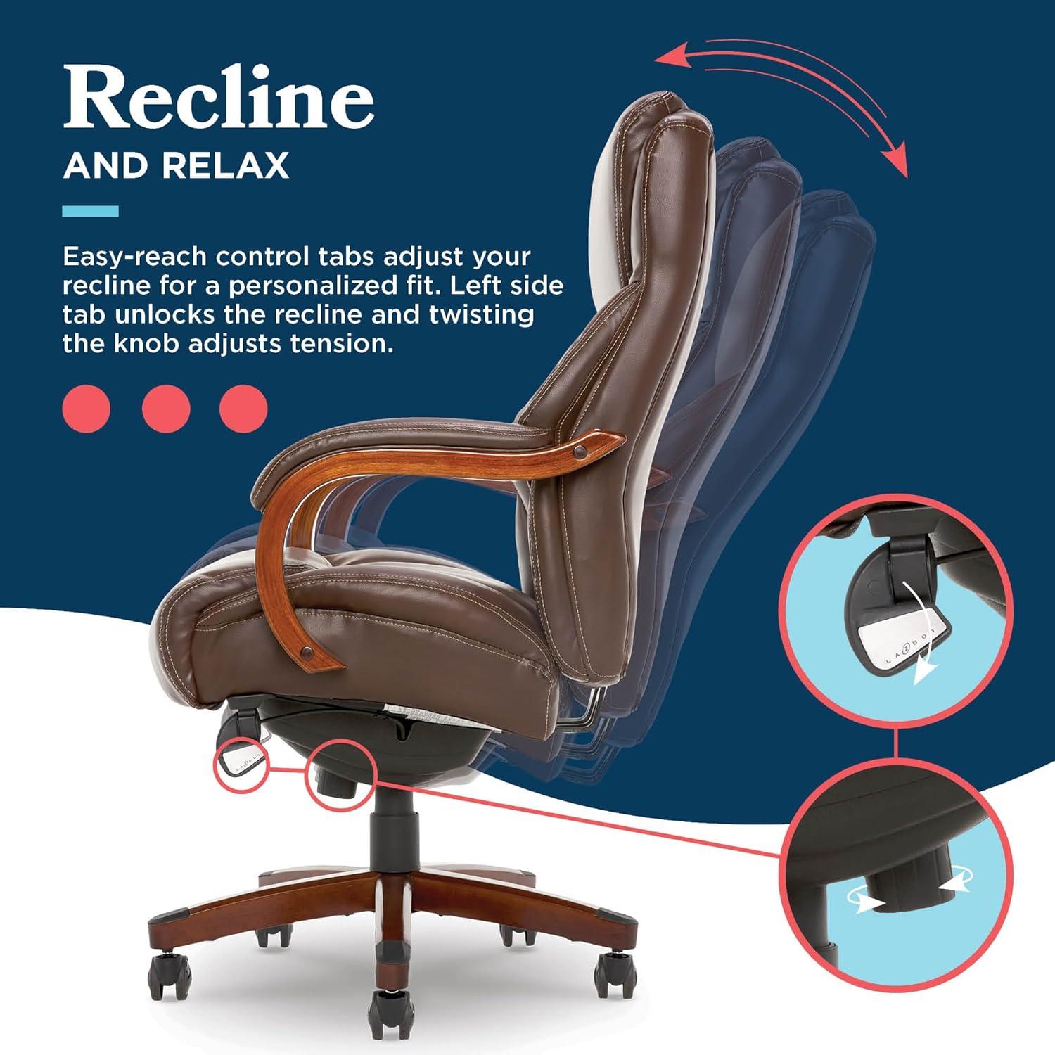 La-Z-Boy La-Z-Boy Delano Big & Tall Executive Office Chair, Ergonomic Mid-Back with Body Pillow Lumbar Support, ComfortCore® with Memory Foam Cushion, Mahogany Wood Arms and Swivel Base, Bonded Leather