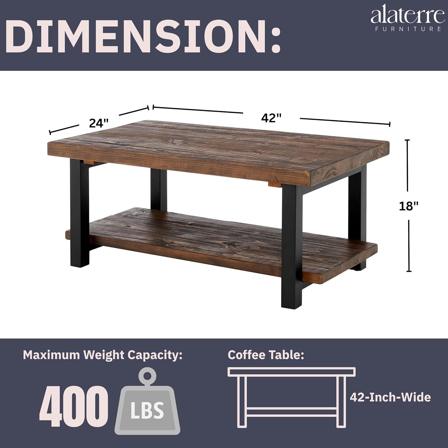 Alaterre Furniture 42" Pomona Wide Coffee Table Wood Rustic Natural: Fixed Shelf, Metal Frame, Living Room Furniture