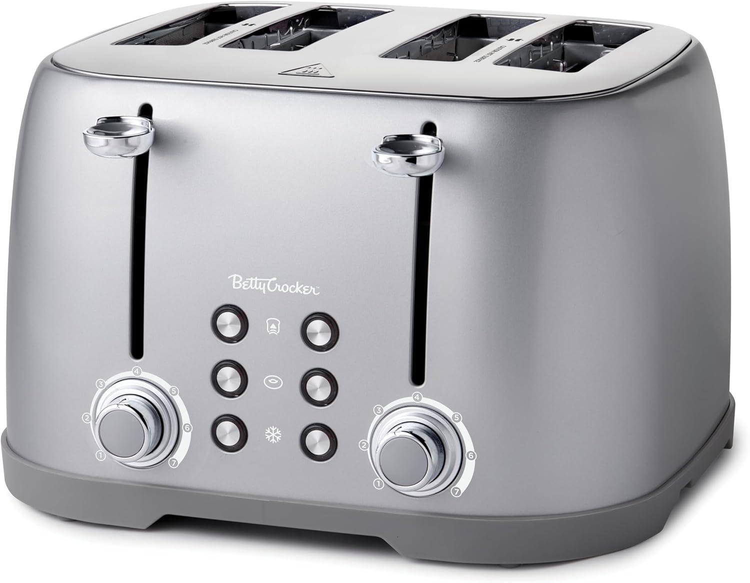 Betty Crocker 4-Slice Toaster, Silver with Extra Wide Slots