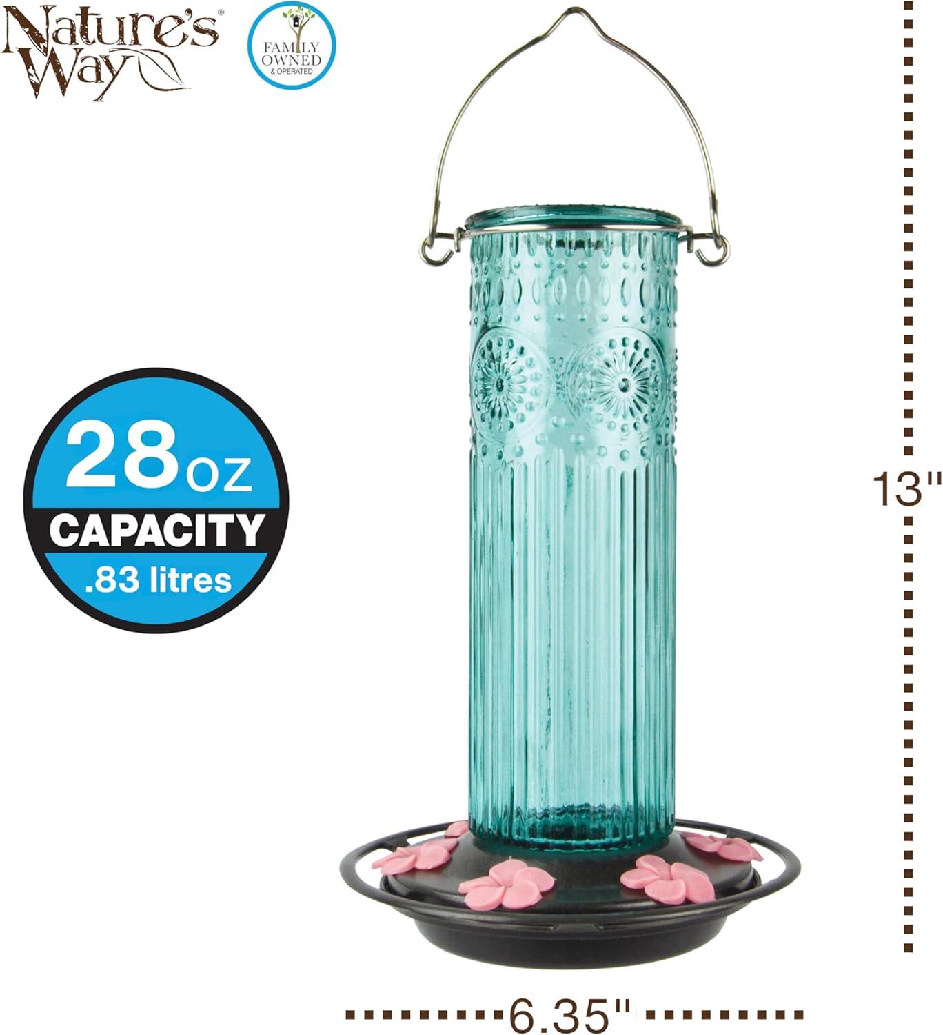 Nature's Way Antique Glass Gravity Hummingbird Feeder 28 oz, Antique Teal