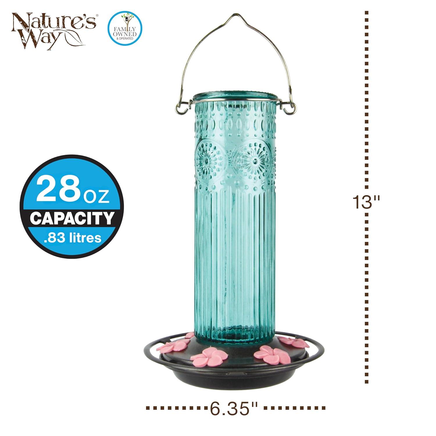 Nature's Way Antique Glass Gravity Hummingbird Feeder 28 oz, Antique Teal