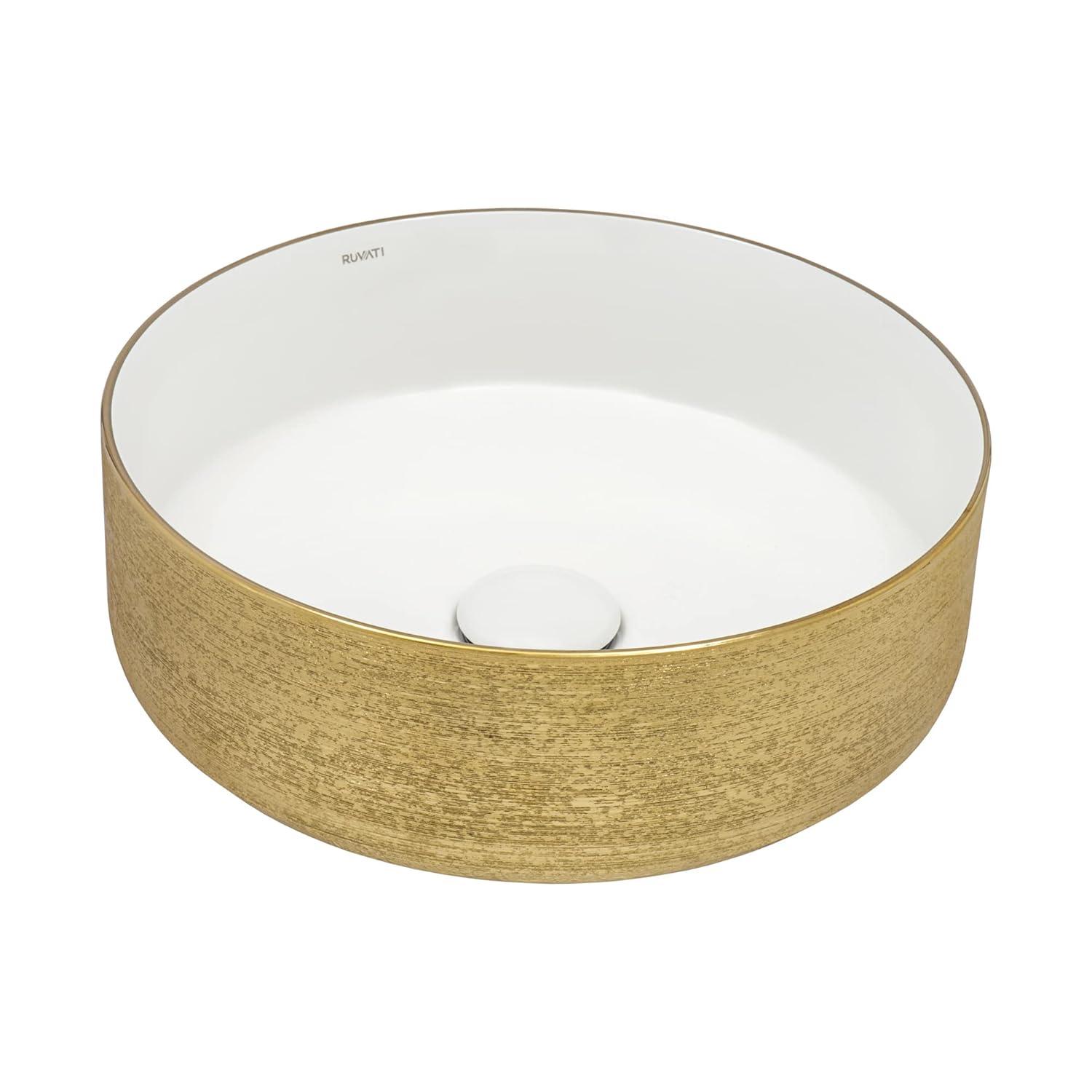 Ruvati 14 inch Bathroom Vessel Sink Round Gold Decorative Art Above Vanity Counter White Ceramic