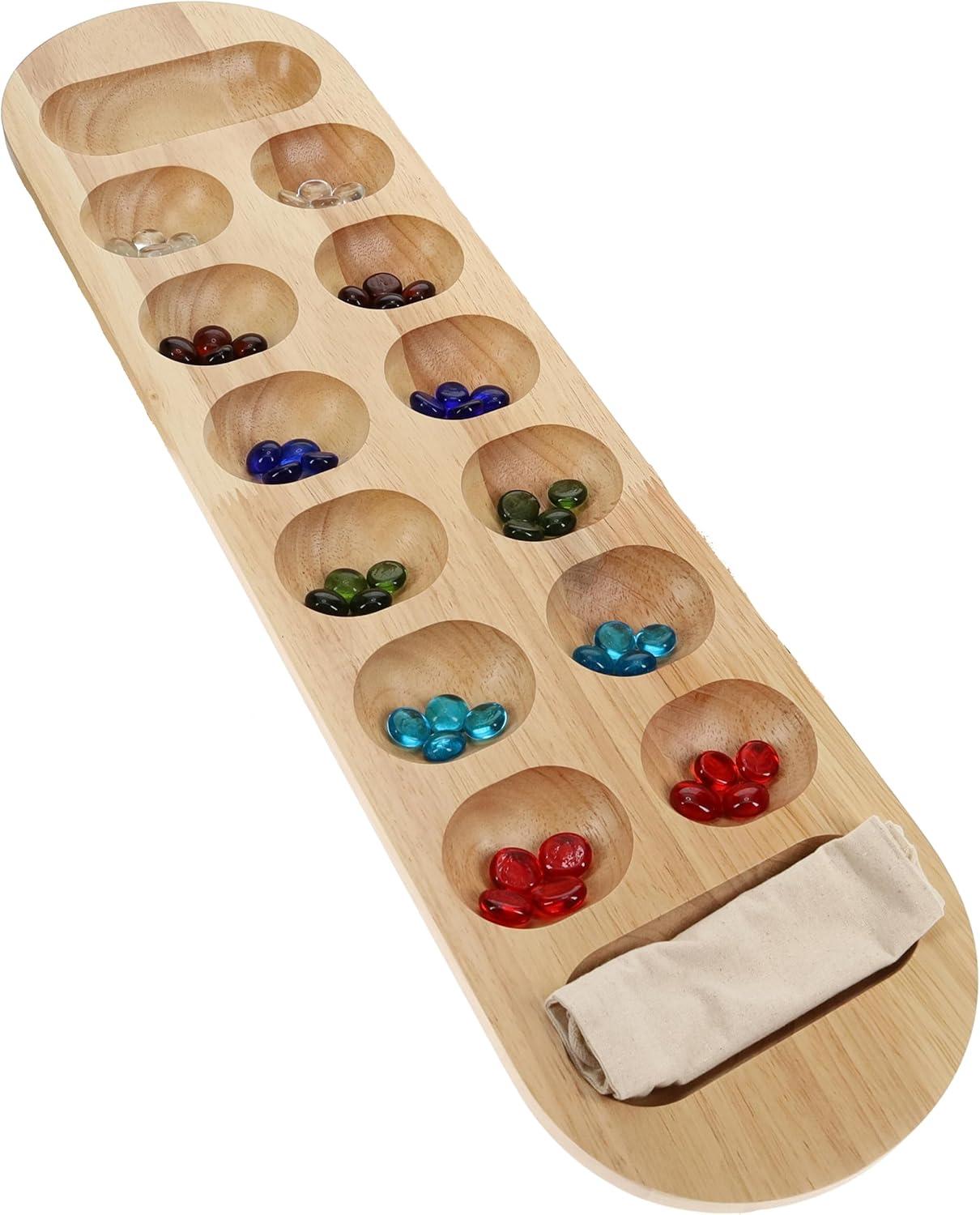 WE Games Mancala Board Game - 22 in., Solid Natural Wood Board and Glass Stones