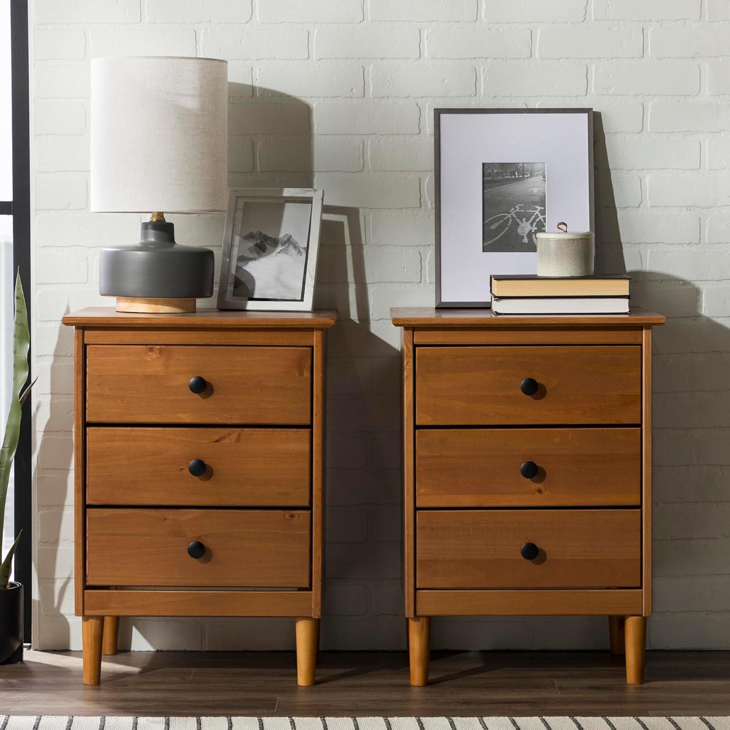 Mid-Century Solid Wood 3-Drawer Bedroom Nightstand in Caramel (Set of 2)