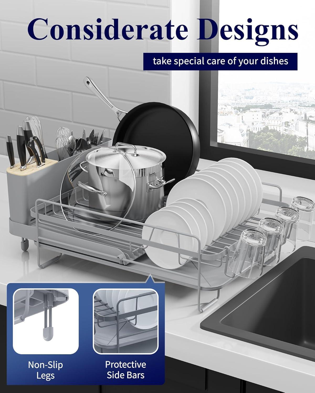 Kitsure Large Dish Drying Rack - Extendable Dish Rack, Multifunctional Dish Rack for Kitchen Counter, Anti-Rust Dish Drainers with Cutlery & Cup Holders 19.2"-26.7" L x 12.9" W, Grey