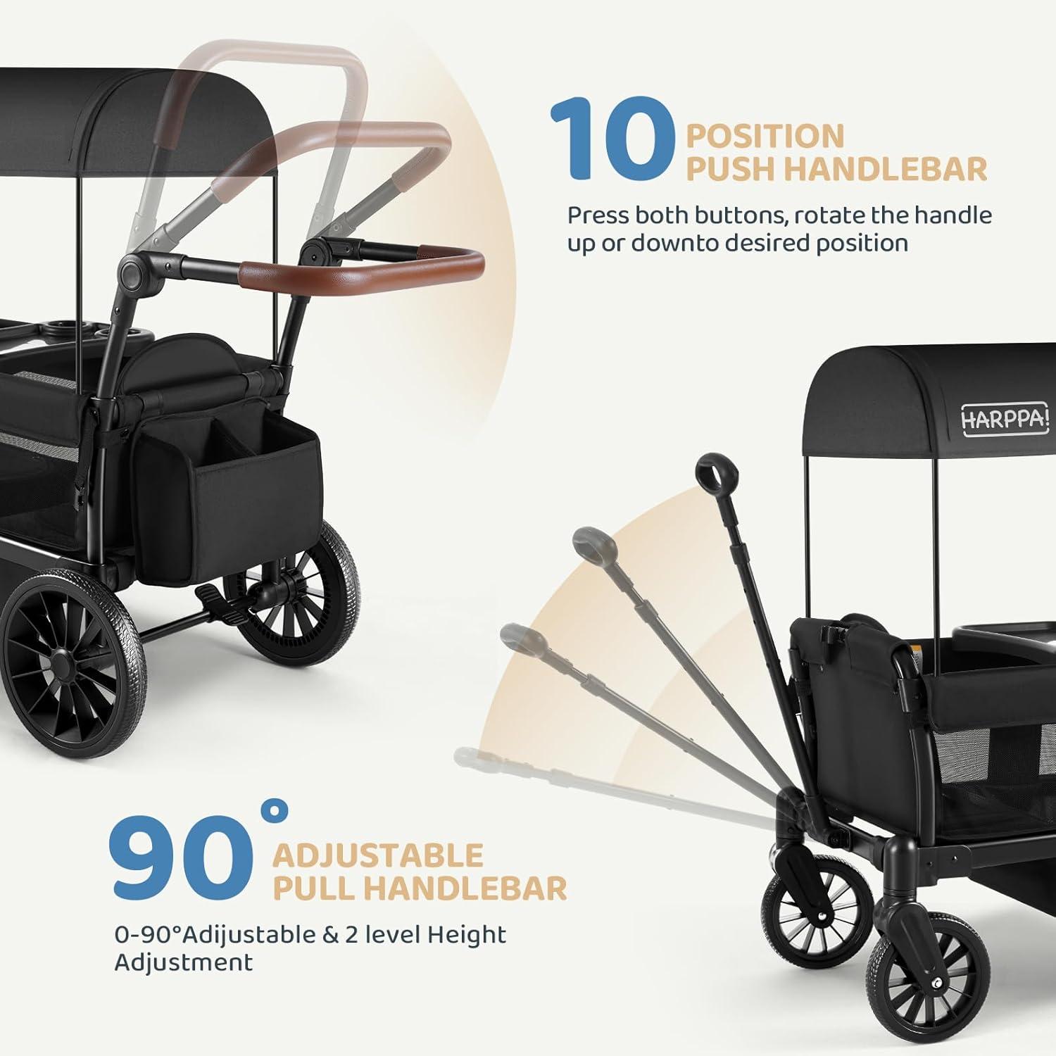HARPPA Foldable Wagon Stroller for 2 Toddlers with Pull & Push Handle, Canopy, 32.9lbs, Black