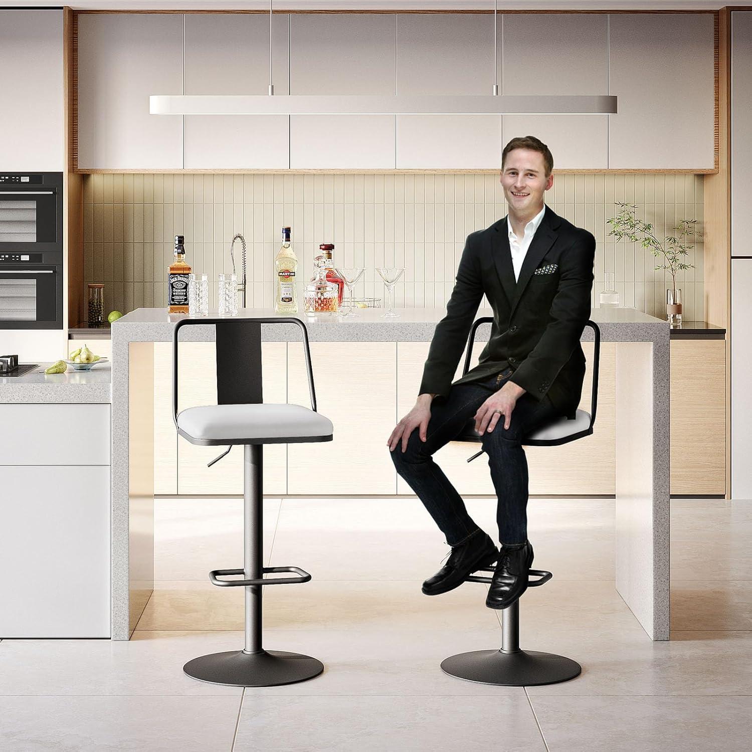 Metal Swivel Barstools Set of 2, Enlarged PU Leather Seat with Metal Back, Adjustable from 24" to 33" for Counter Height & Bar Height, Modern Design for Kitchen and Restaurant,MatteBlack
