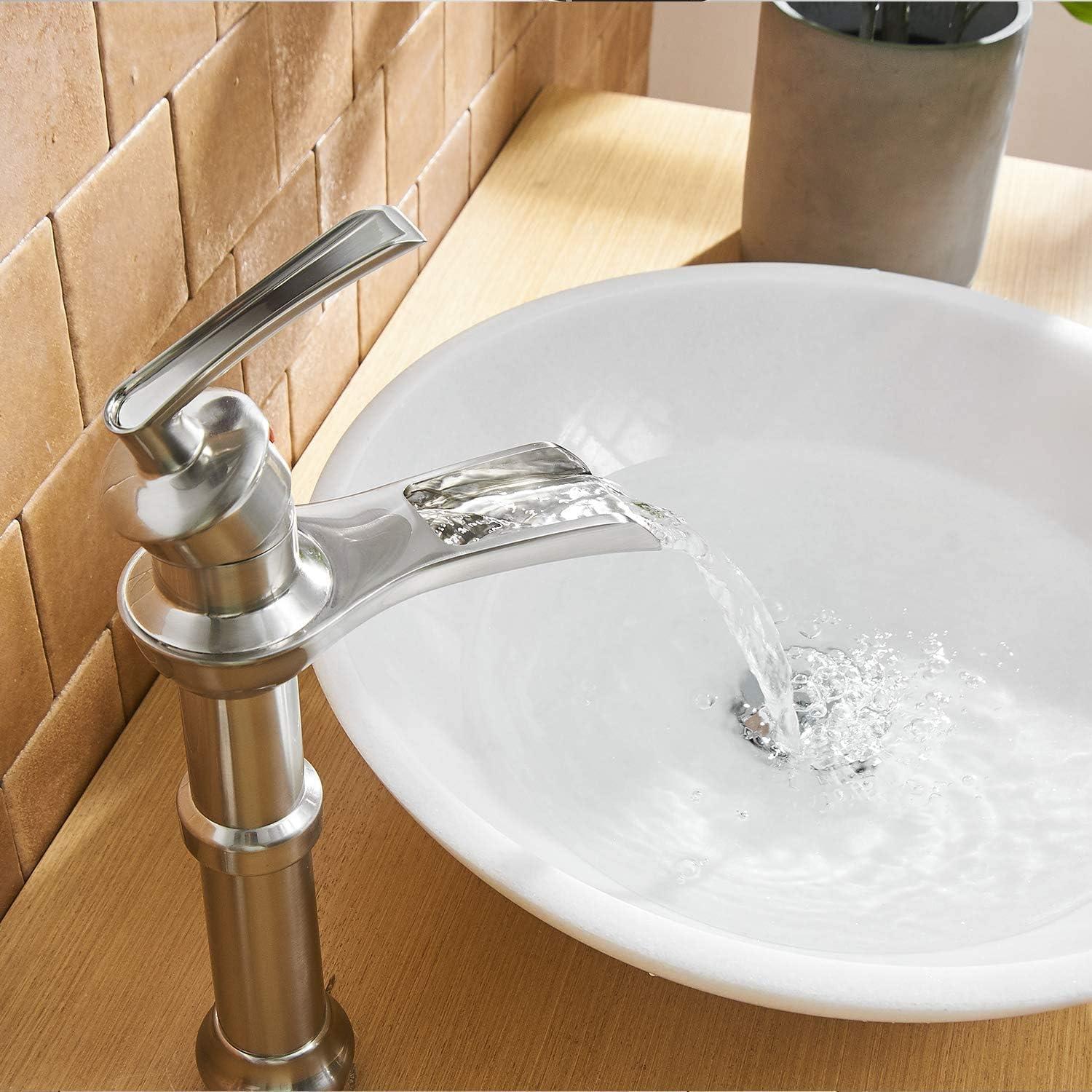 BWE Brushed Nickel Bathroom Faucet with Drain Assembly and Supply Hose Lead-Free Tall Body Waterfall Vessel Sink Faucet Lavatory Single-Handle Mixer Tap