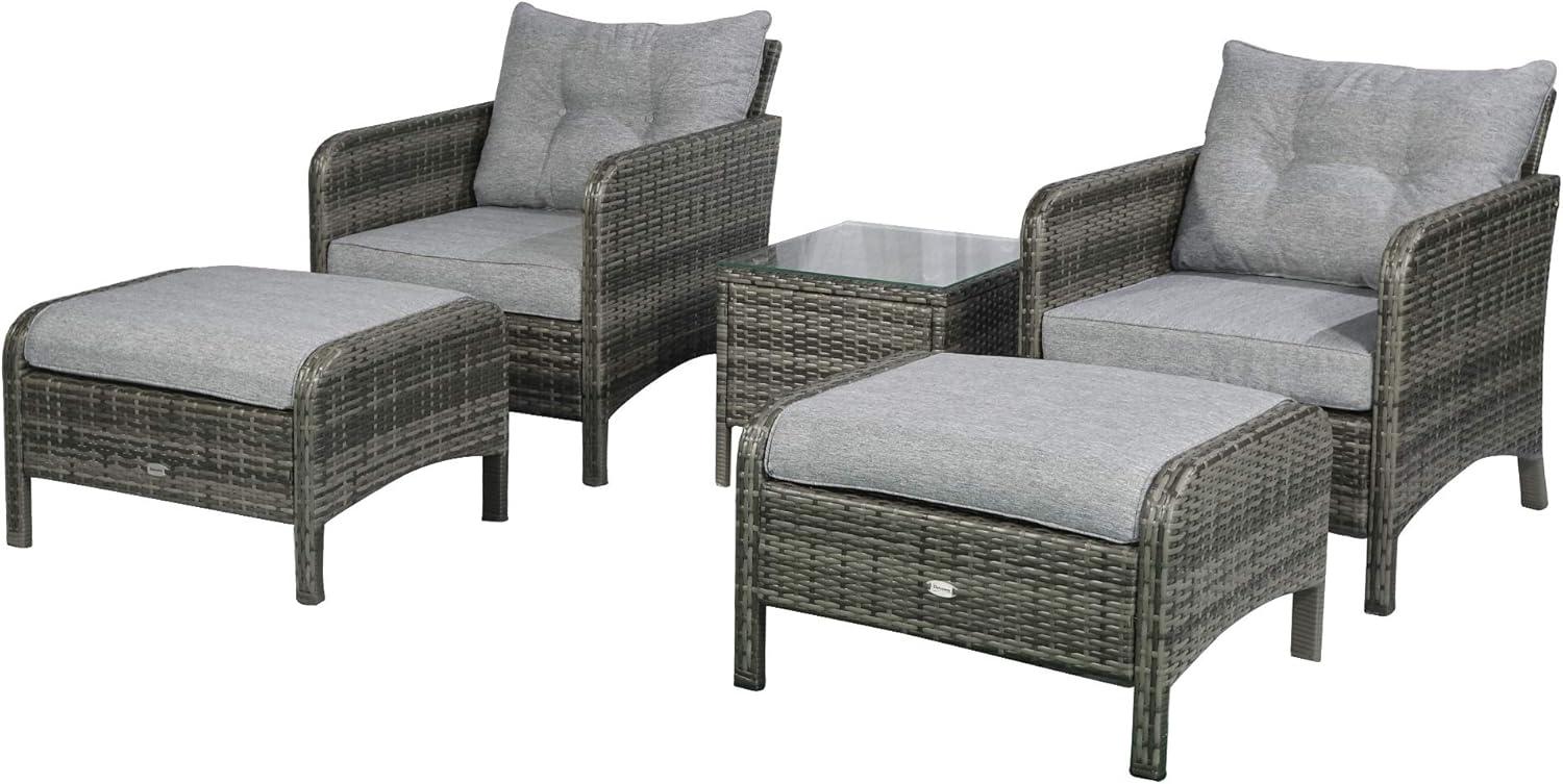 Outsunny 5 Pieces Rattan Wicker Lounge Chair Outdoor Patio Conversation Set with 2 Cushioned Chairs, 2 Ottomans & Glass Coffee Table, Gray