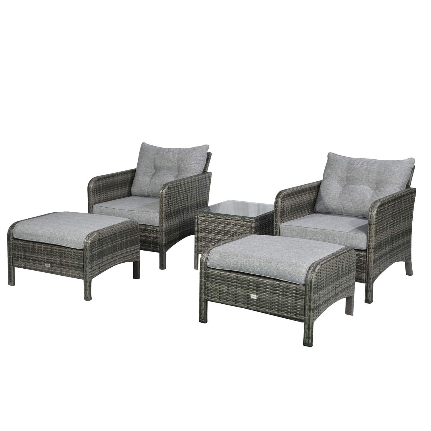 Outsunny 5 Pieces Rattan Wicker Lounge Chair Outdoor Patio Conversation Set with 2 Cushioned Chairs, 2 Ottomans & Glass Coffee Table, Gray