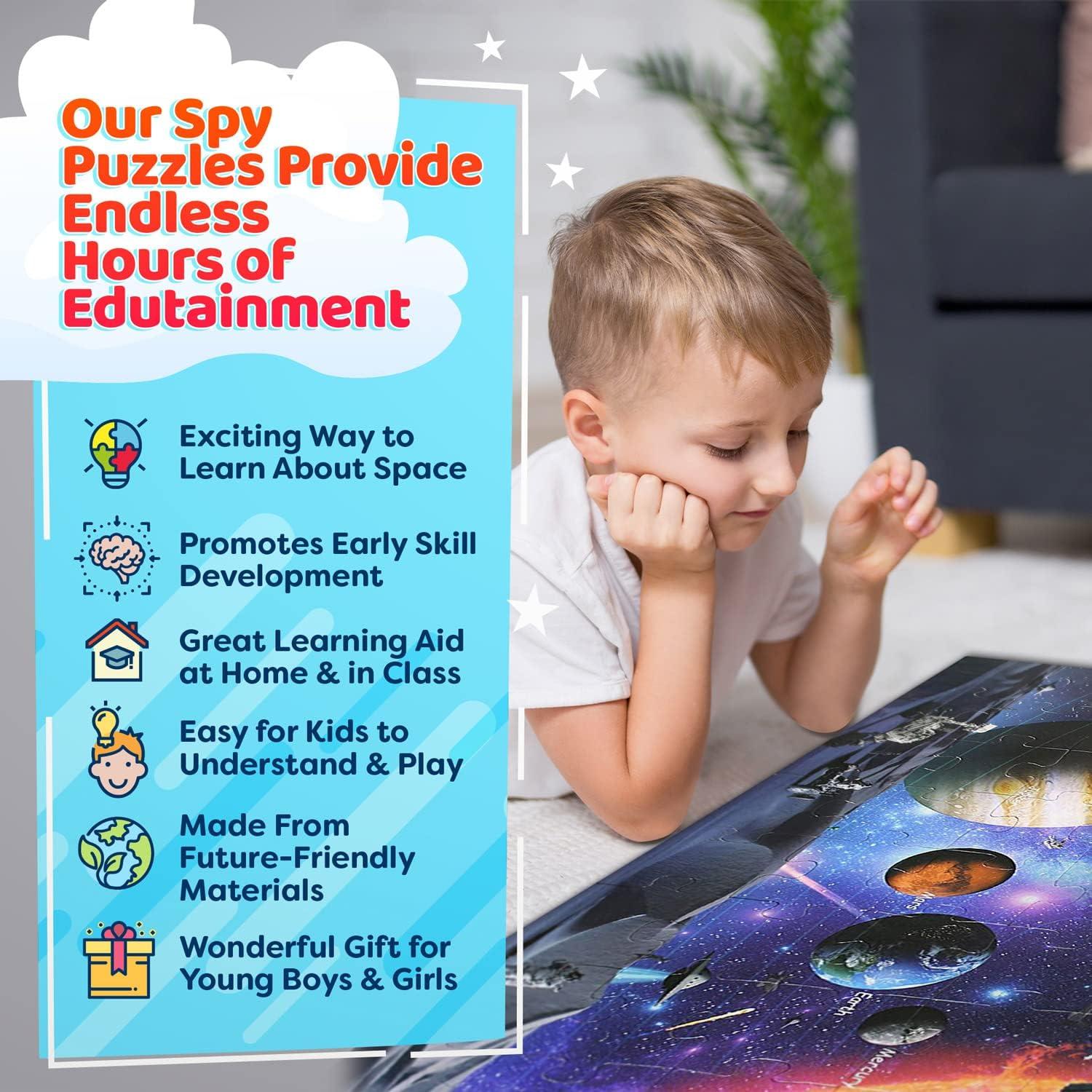 Solar System Spy Puzzle with Flashcards and Magnifying Glass 2ft X 3ft- Large 48 Piece Space Floor Puzzles for Kids Ages 4-8 Years Old-Gift for Boys and Girls 3,4,5,6,7,8