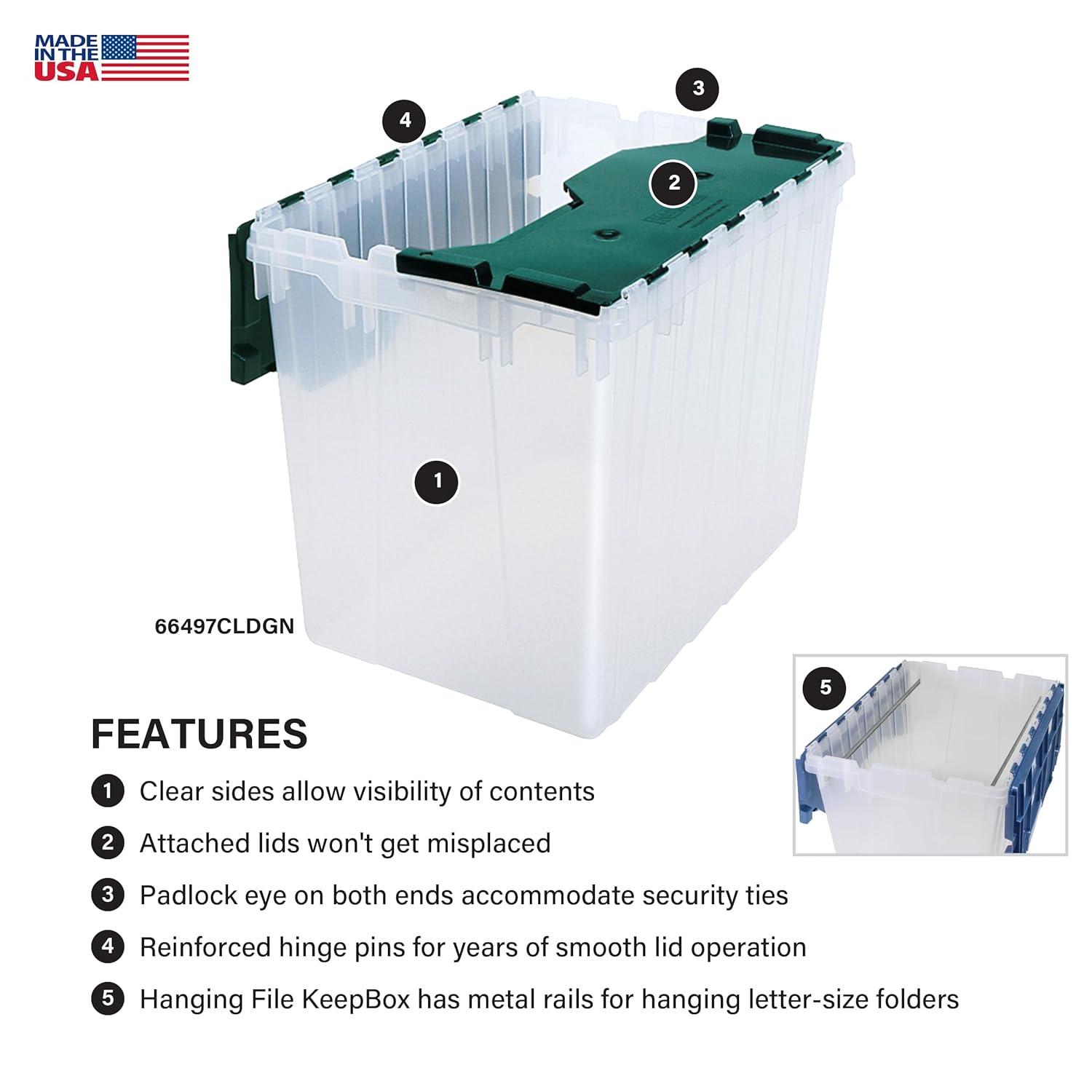 Akro-Mils KeepBox 18 Gallon Storage Container, Nesting and Stackable Plastic Storage Box with Lid Attached, Clear Tote for Garages, Closets, and Moving, 21" x 15" x 17", Clear/Green