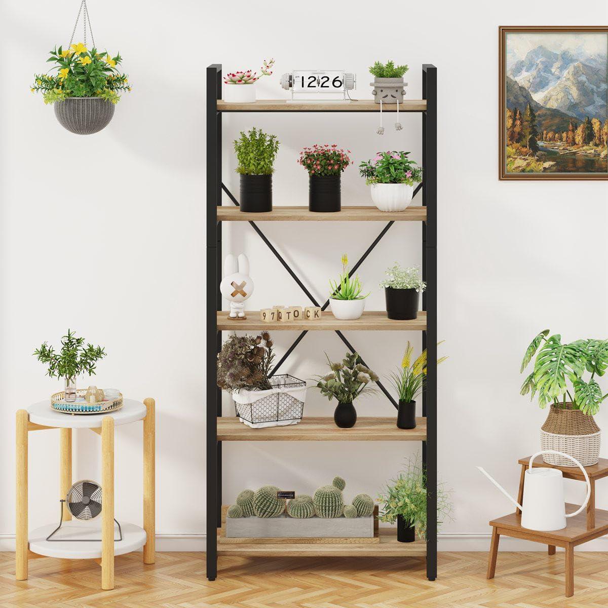 Rustic Oak and Black Metal 5-Tier Industrial Bookshelf