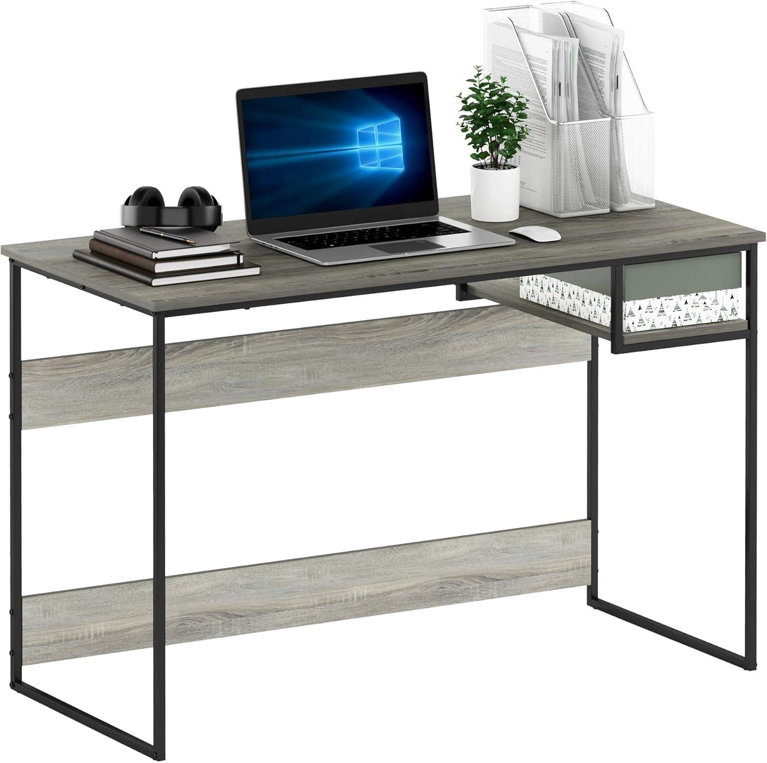 Modern French Oak Grey Study Desk with Metal Frame and Shelf