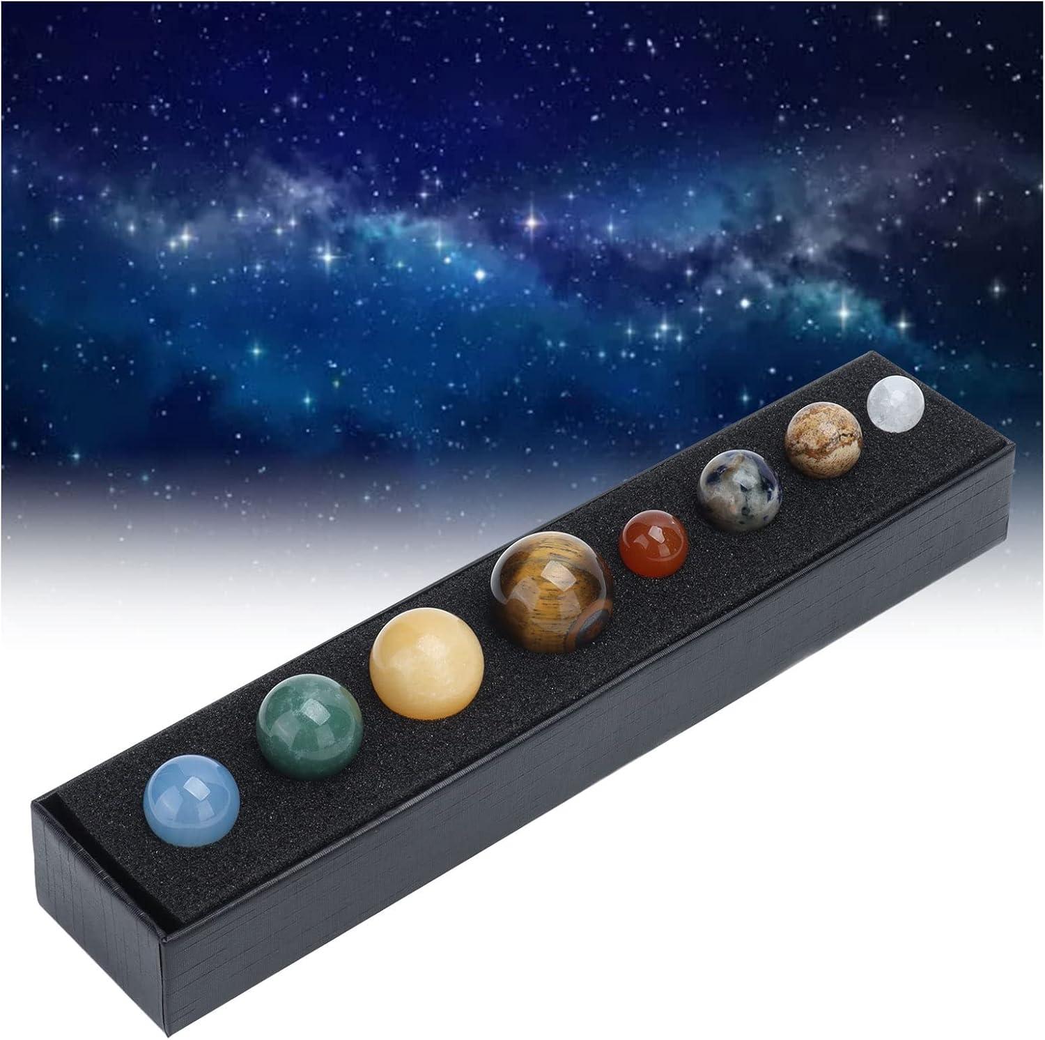 Dengmore Solar System 8 Planets Natural Gemstones Sphere with Gift Box Desk Ornaments Home Decorations