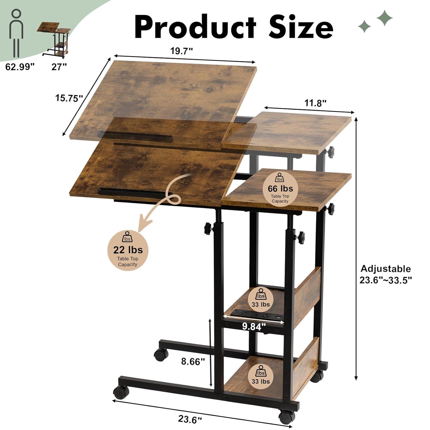 Hadulcet Adjustable C Table with Charging Station, Tiltable Desk C Shaped End Table for Couch, Over Bed Table with Wheels Adjustable Height, Hospital Table Laptop Stand Drawing Desk, Rustic Brown