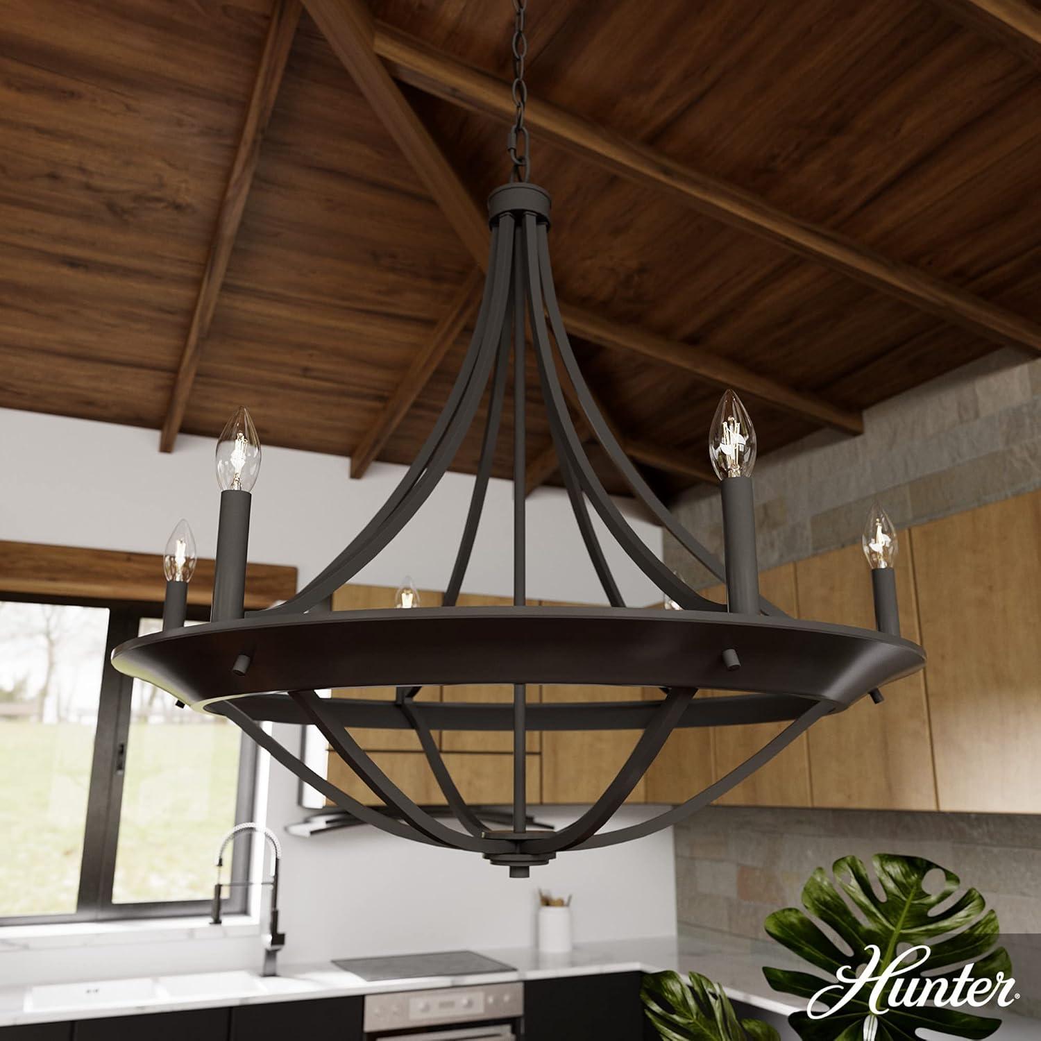Hunter - Perch Point 6-light Noble Bronze, Large Chandelier, Dimmable, Casual Style, Empire Shaped, for Bedrooms, Kitchens, Dining, Living Rooms - 19414