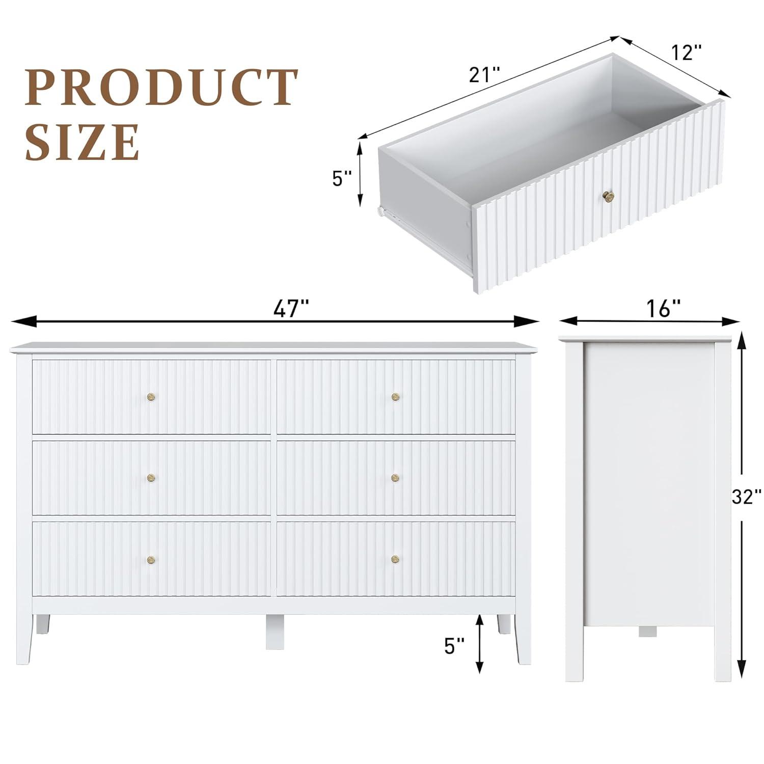 RoyalCraft White Fluted 6 Drawer Dresser for Bedroom, Modern Chest of Drawers, Wood Dresser for Storage Clothes, Wooden Storage Cabinet for Bedroom, Hallway, Living Room, Entryway