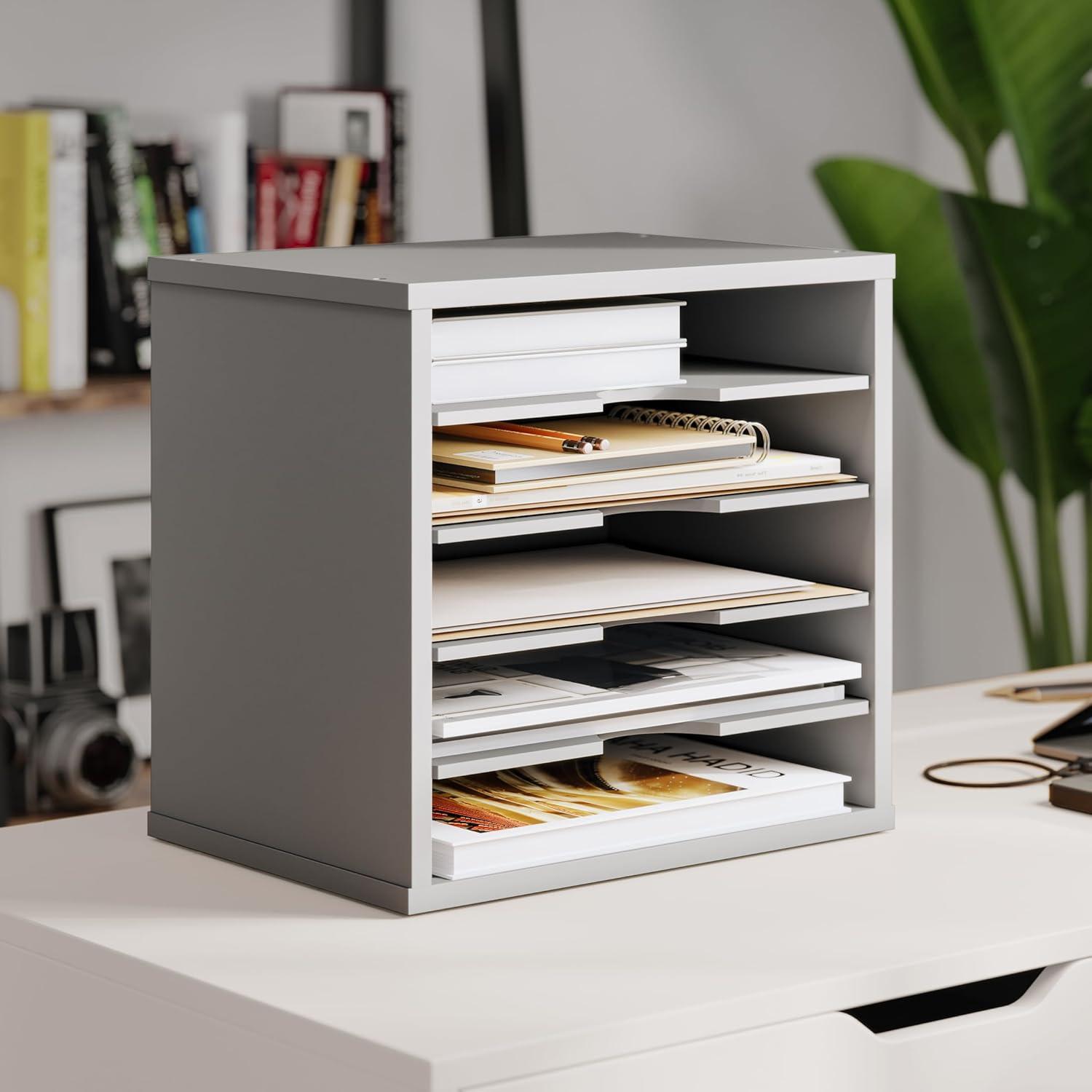 Ballucci 5-Tier Paper Organizer, File Holder, Mail Sorter, Wood Stackable Letter Tray, Gray