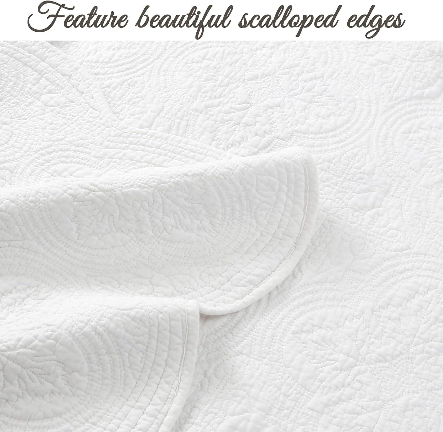 Cozy Line Victorian Medallion Matelasse Scalloped Edge 100% Cotton 3-Piece White Quilt Bedding Set, Queen