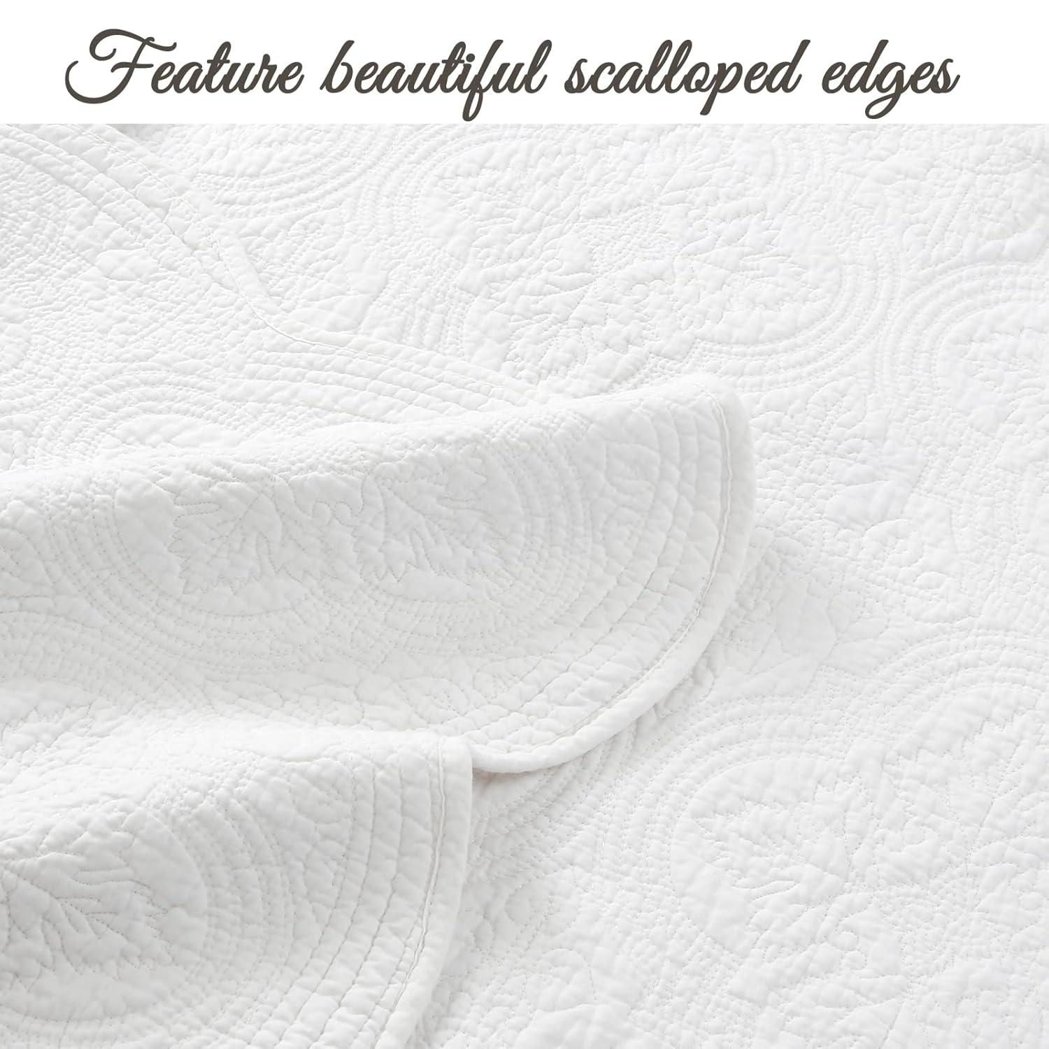 Cozy Line Victorian Medallion Matelasse Scalloped Edge 100% Cotton 3-Piece White Quilt Bedding Set, Queen
