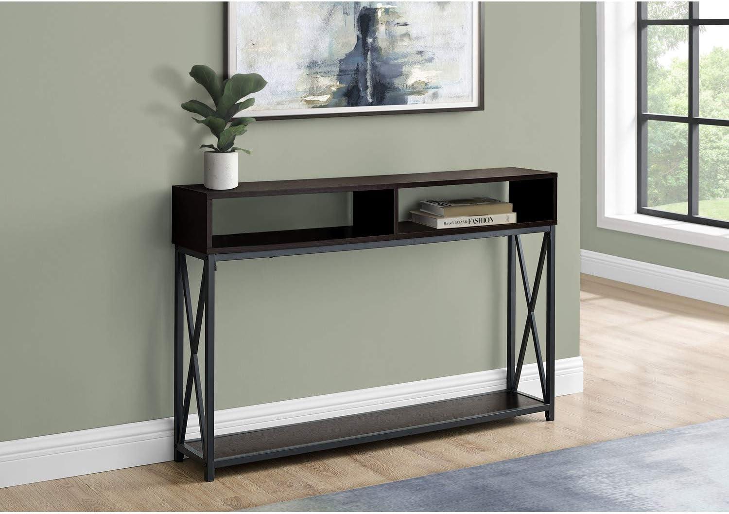 Espresso & Black Metal Contemporary Console Table with Storage