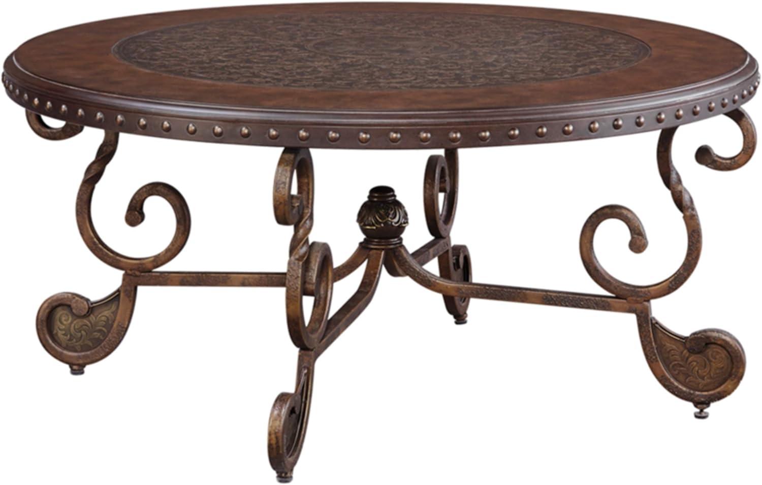 Signature Design by Ashley Rafferty Ornate Round Coffee Tabe with Decorative Metal Detail, Dark Brown