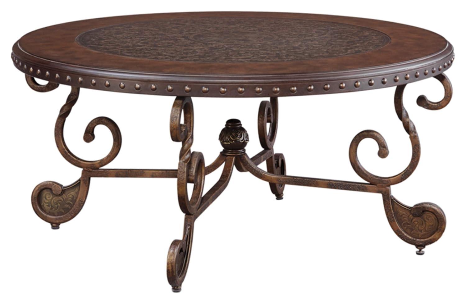 Signature Design by Ashley Rafferty Ornate Round Coffee Tabe with Decorative Metal Detail, Dark Brown
