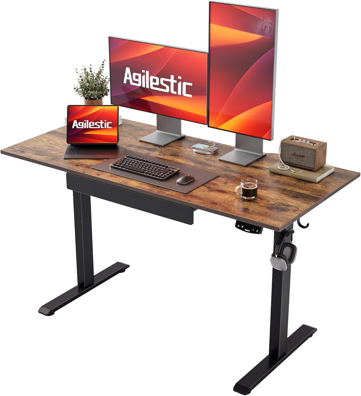 Agilestic Adjustable Height Electric Standing Desk with Storage Wooden Drawer, 55 x 24 Inches Stand Up Home Office Computer Gaming Table for Work Office Home, Rustic Brown