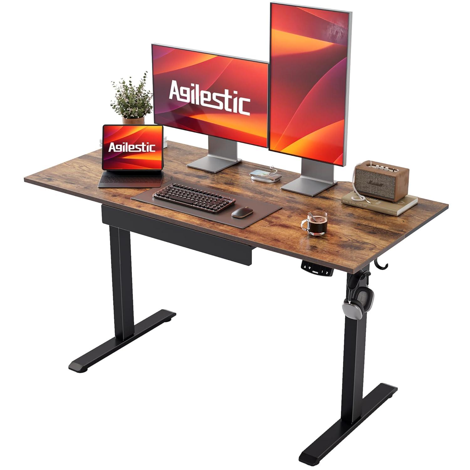 Agilestic Adjustable Height Electric Standing Desk with Storage Wooden Drawer, 55 x 24 Inches Stand Up Home Office Computer Gaming Table for Work Office Home, Rustic Brown