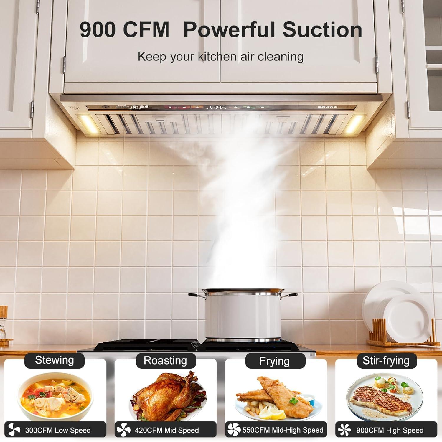 Range Hood Insert 30 Inch, 900 CFM Smart Voice/Gesture/Touch Control, 4 Speed Exhaust Fan, Stainless Steel Kitchen Hood with Charcoal Filter, Ducted/Ductless Convertible