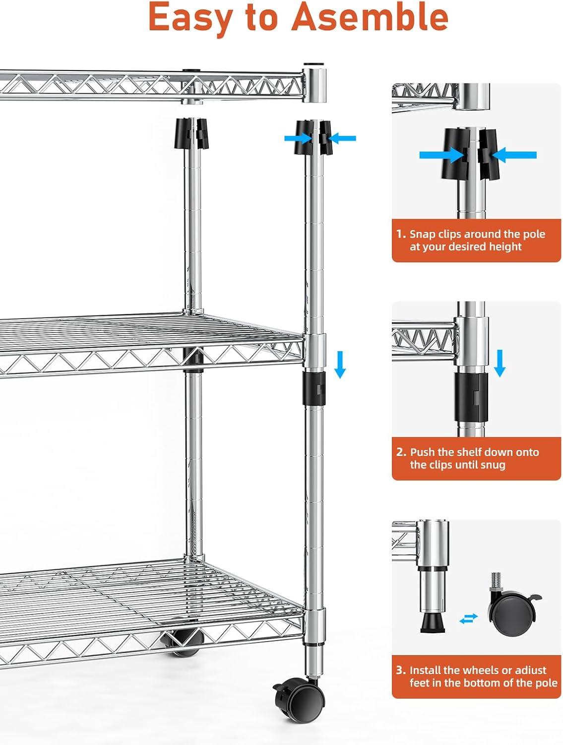 Chrome 3-Tier Adjustable Steel Shelving Unit with Wheels