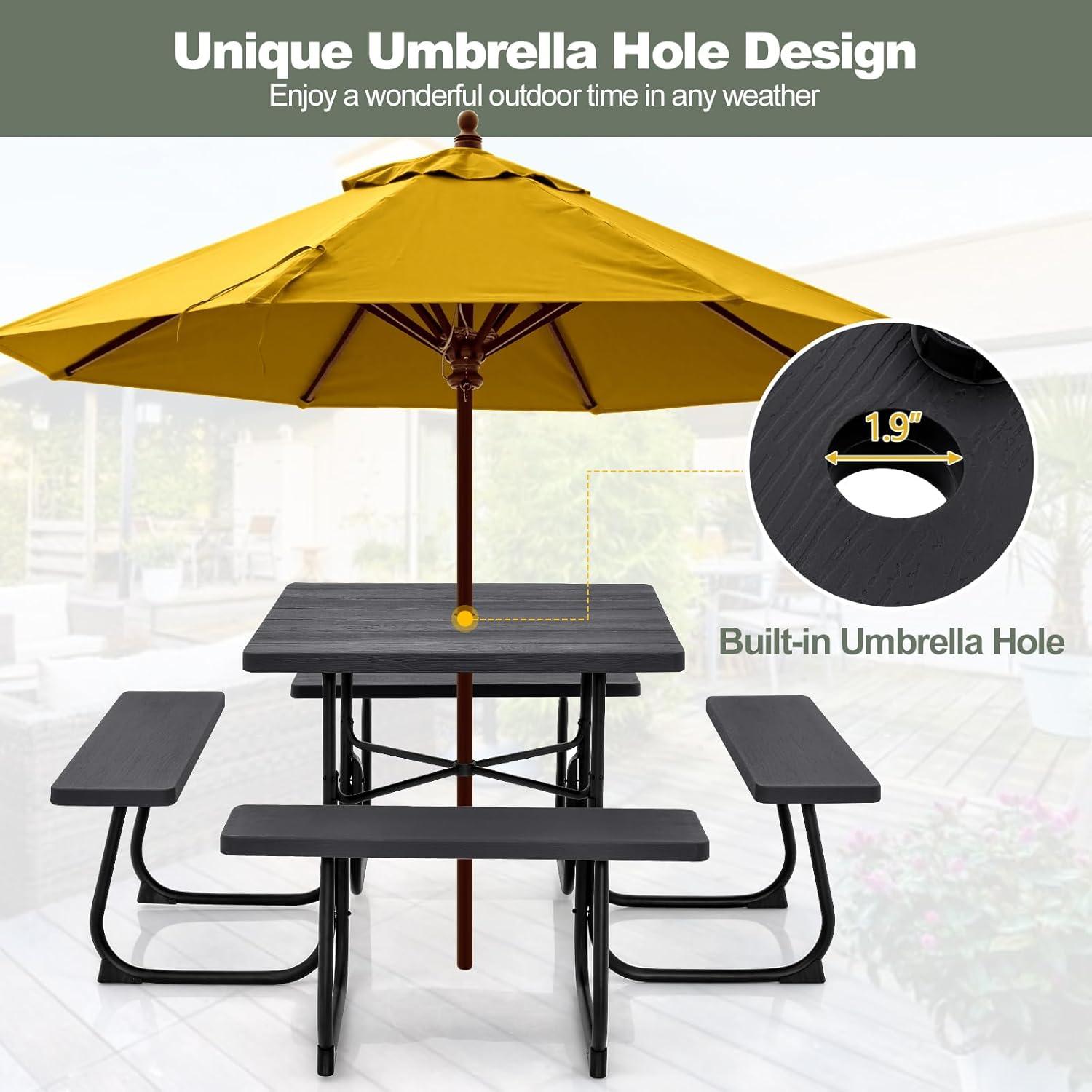 Costway Outdoor 8-person Square Picnic Table Bench Set with 4 Benches & Umbrella Hole Black