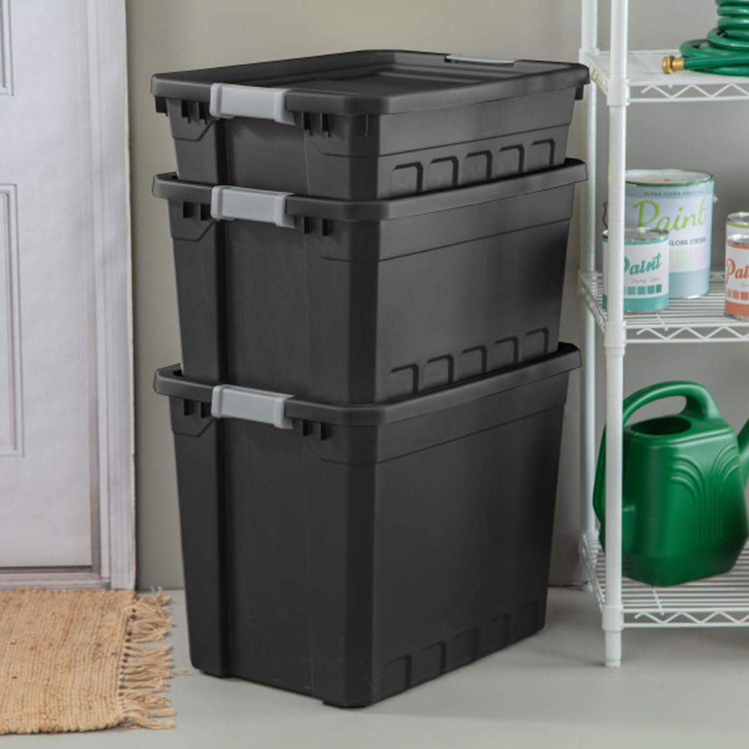 Sterilite Plastic Stacker Tote, Heavy Duty Lidded Storage Bin Container for Stackable Garage and Basement Organization, Black