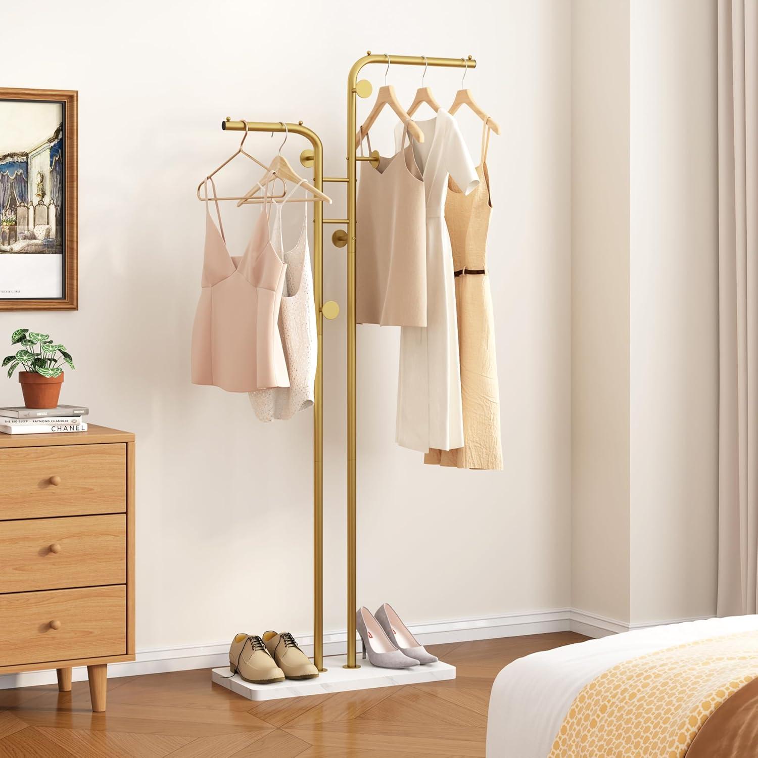 HOMEFORT Coat Rack, Freestanding Metal Coat Racks, Double-pole Clothes Hat Stand with 5 Hooks for Closet, Bedroom, Entryway, Living Room, Gold