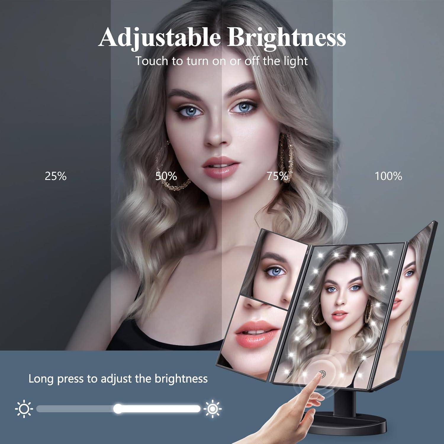 Makeup Mirror Vanity with Lights, 2X 3X 10X Magnification, Lighted Mirror, Touch Control, Trifold Dual Power Supply, Portable LED Women Gift (Black)