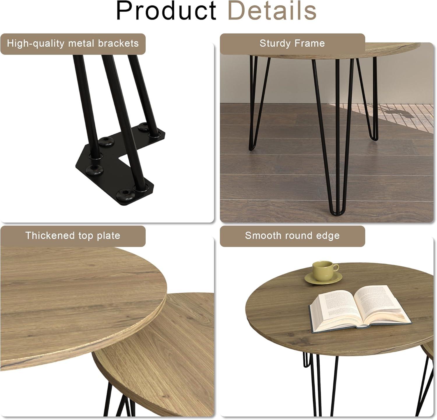 Yesfashion 27.56" Nesting Coffee Table Set Of 2, Modern Round Marble Pattern Wooden Side Tables With Metal Frame, Circular Nesting End Table Set For Living Room