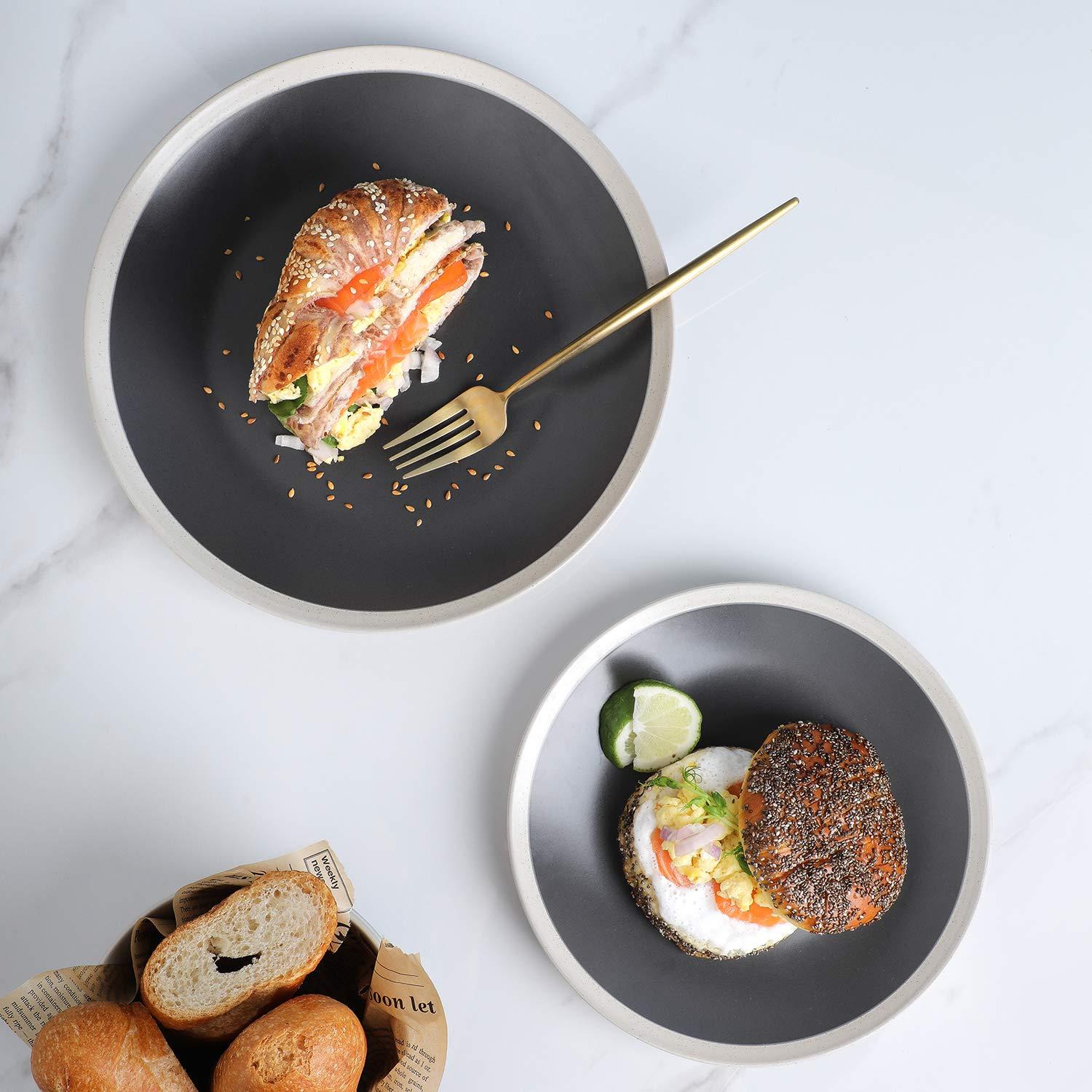 Stone Lain Serenity Stoneware Dish Set, 4 Dinner Plates, Dark Gray and Cream