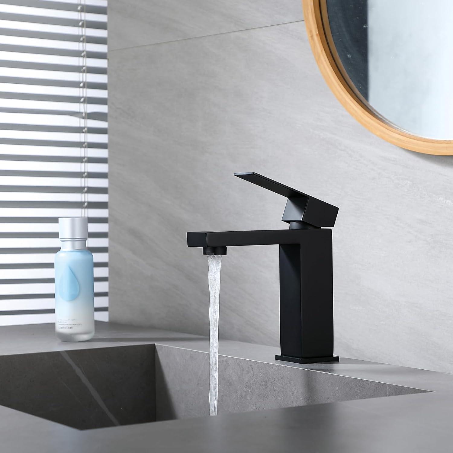 Matte Black Single Handle Bathroom Sink Faucet, Stainless Steel Bathroom Faucet with cUPC Certified Water Supply Hoses, Commercial Vanity Faucet Modern Single Hole RV Bathroom Faucets