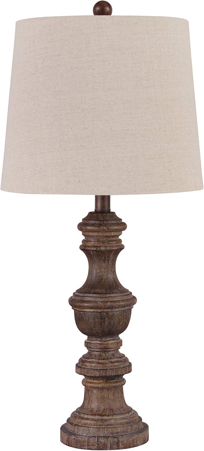 Set of 2 Magaly Poly Table Lamps Brown - Signature Design by Ashley: Wooden Base, 3-Way Switch, Drum Shade