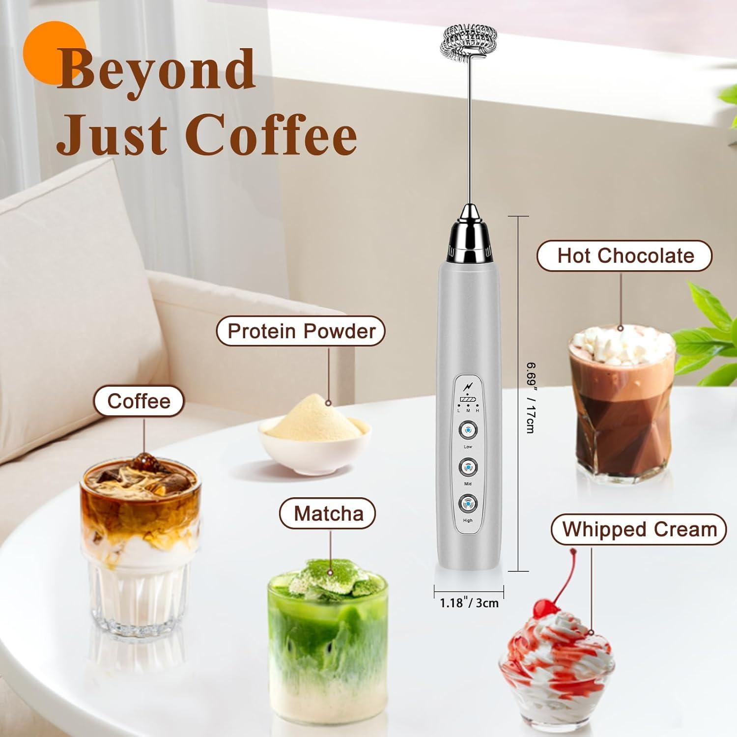 Nahida Silver Milk Frother Wand for Coffee, Frother Handheld Rechargeable Electric Whisk with 3 Heads 3 Speeds Drink Mixer Coffee Frother Foam Maker For Latte, Cappuccino, Hot Chocolate, Egg