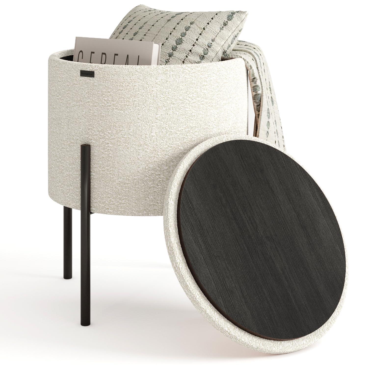 StorageBud Round Ottoman with Storage, Modern Boucle Storage Ottoman, Small Foot Stool Ottoman for Living Room and Bedroom, White
