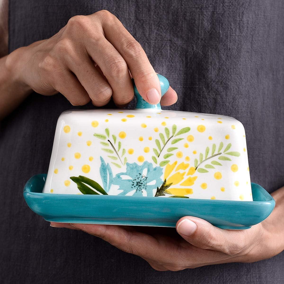 Hand-Painted Floral Ceramic Butter Dish with Lid