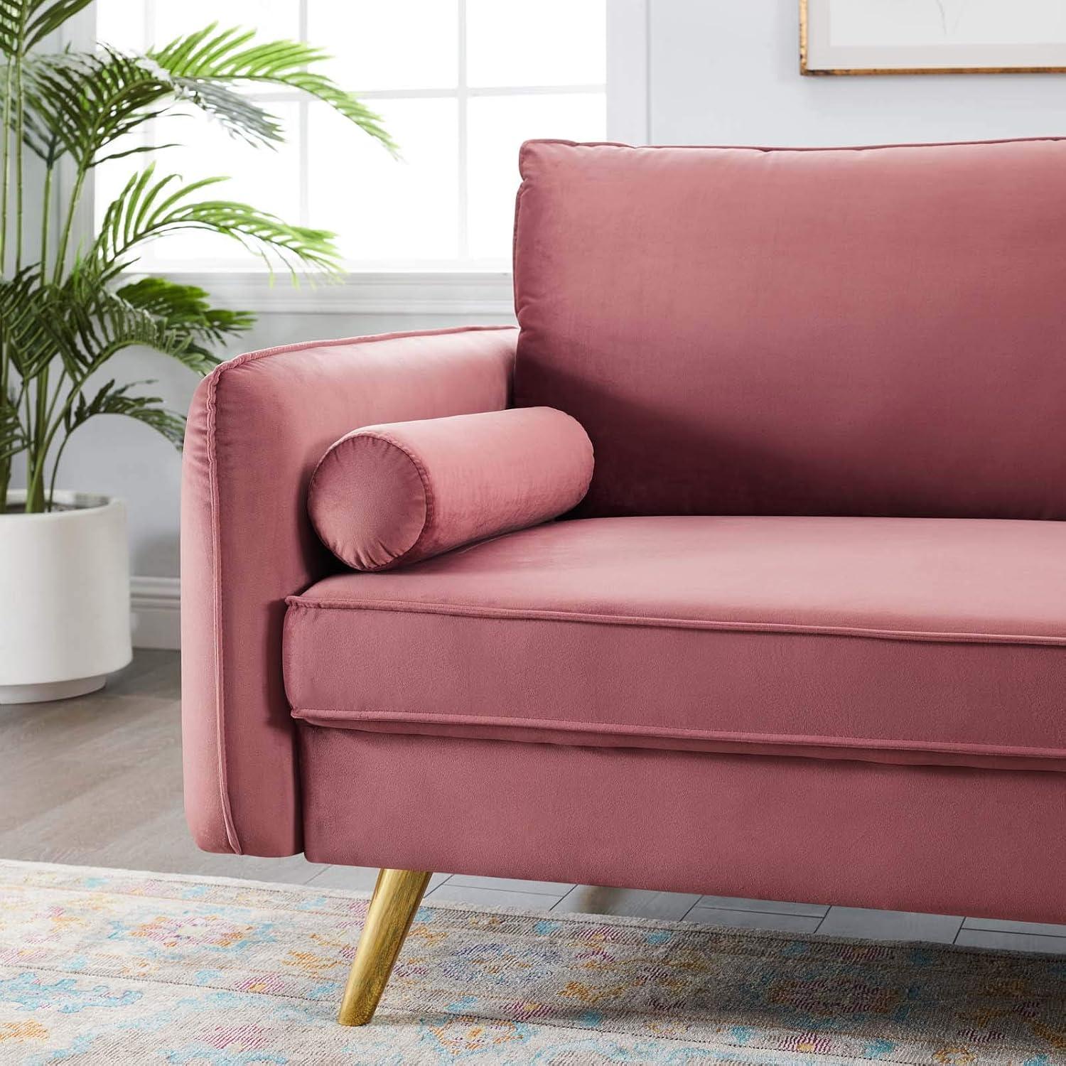 Dusty Rose Velvet Upholstered Sofa with Gold Legs