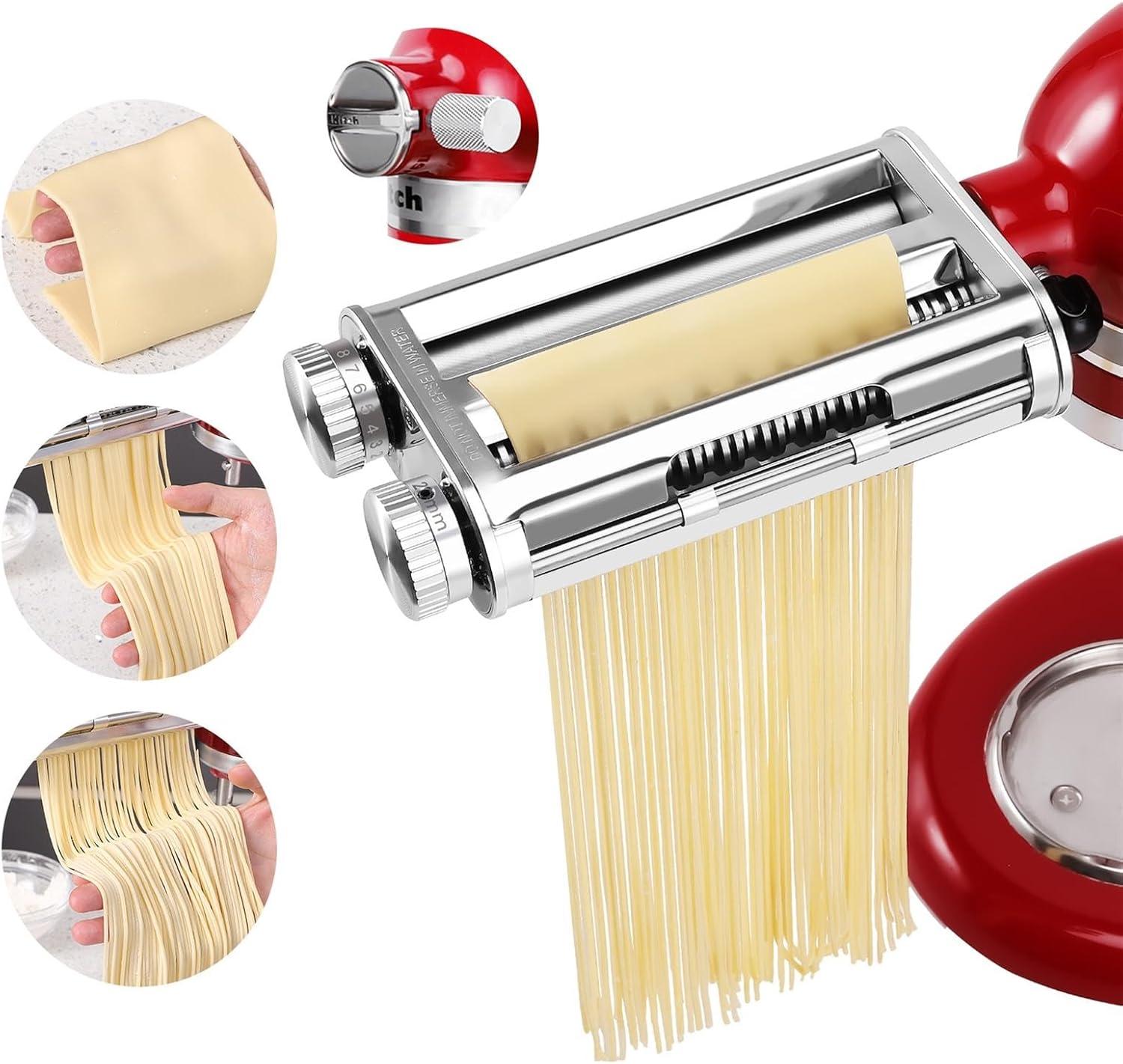 Pasta Maker Attachment for KitchenAid Mixers,3 in 1 Set Included Pasta Sheet Roller, Spaghetti Cutter, Fettuccine Cutter Accessories and Cleaning Brush